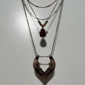 Tri-Tier Statement Necklace, Gold/Red